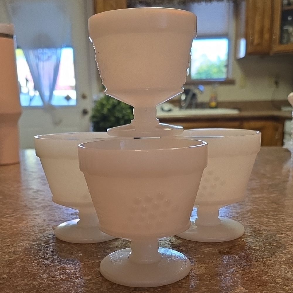 Vintage Anchor Hocking Milk Glass Sherbet Cups Harvest Grape & Leaf Pattern